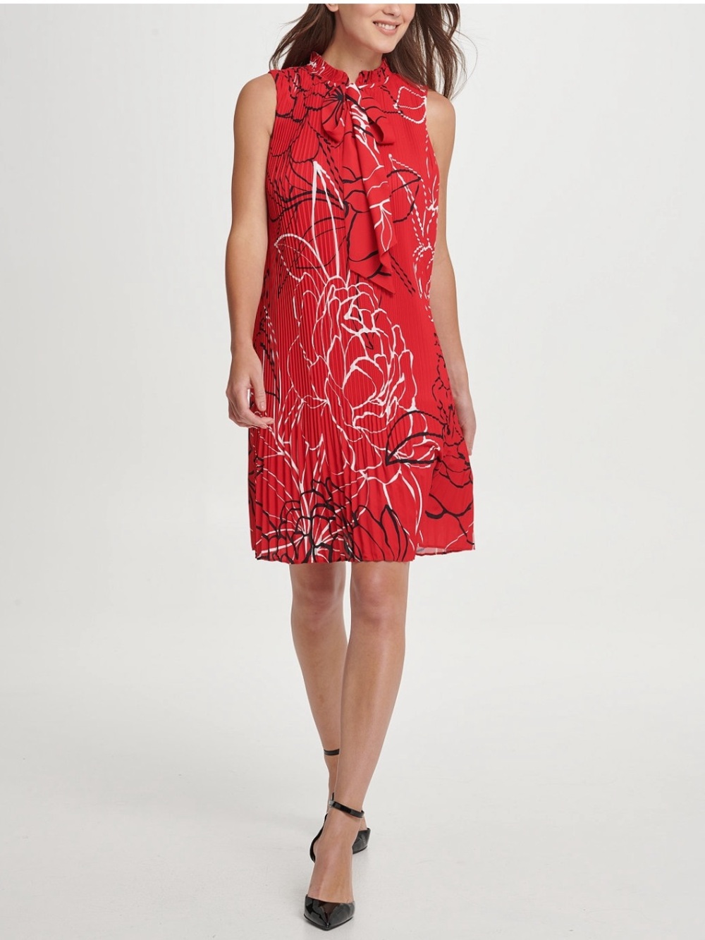 DKNY Sleeveless Tie-Neck Pleated Shift Dress - Red Floral